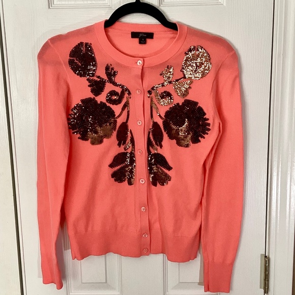 J.Crew Jackie Sequin Floral Embroidered Cardigan Coral Size S - Picture 1 of 11